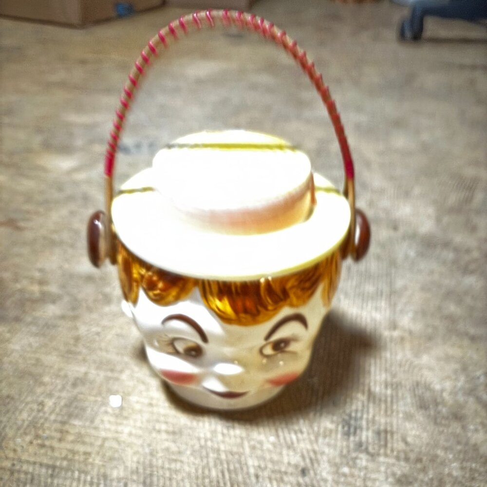 Chase Japan Girl Cookie Jar with hat wicker handle